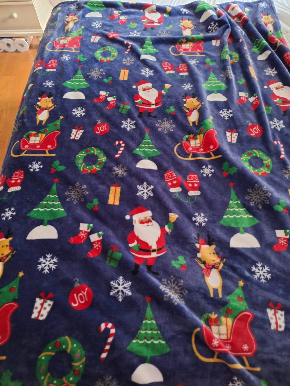 Christmas Santa & Reindeer Plush Throw Blanket - Navy Blue